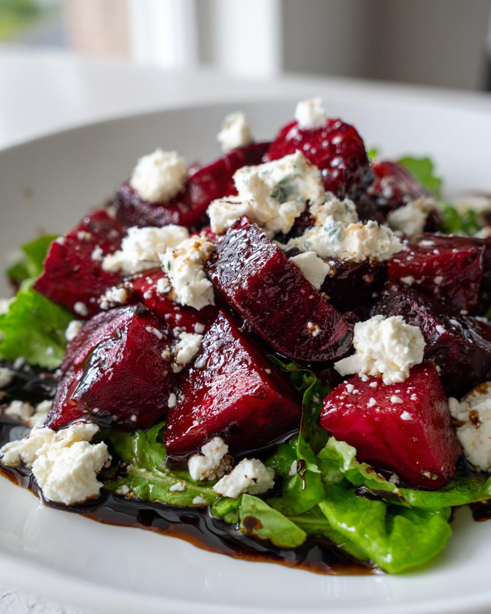 A vibrant Roasted Beet and Goat Cheese Salad featuring glossy roasted beets, crumbled goat cheese, and fresh greens with a balsamic glaze.