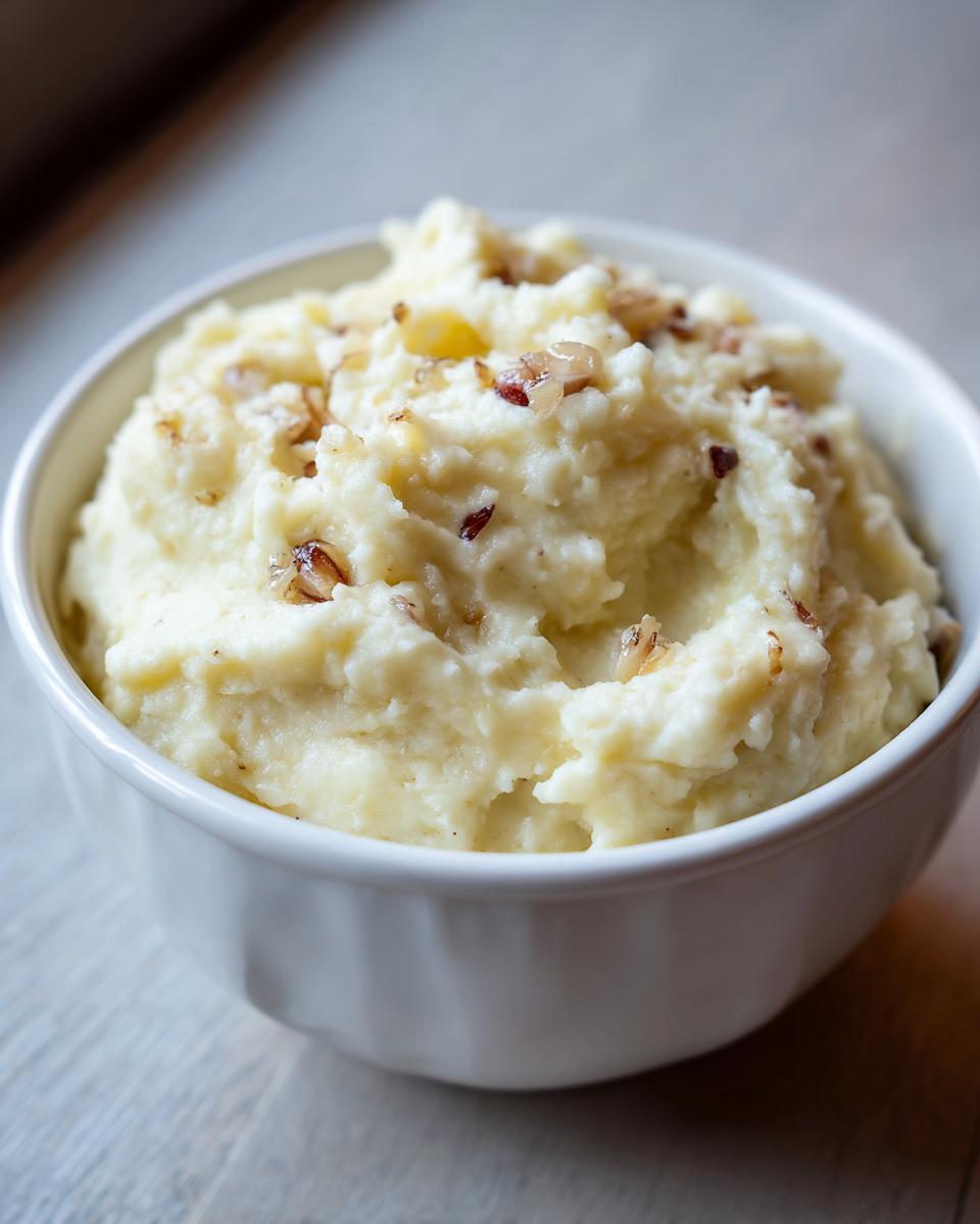 A white bowl filled with creamy Roasted Garlic Mashed Potatoes, topped with chopped nuts.