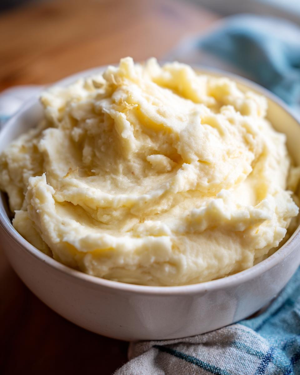 A close-up of a bowl filled with fluffy, creamy Roasted Garlic Mashed Potatoes.
