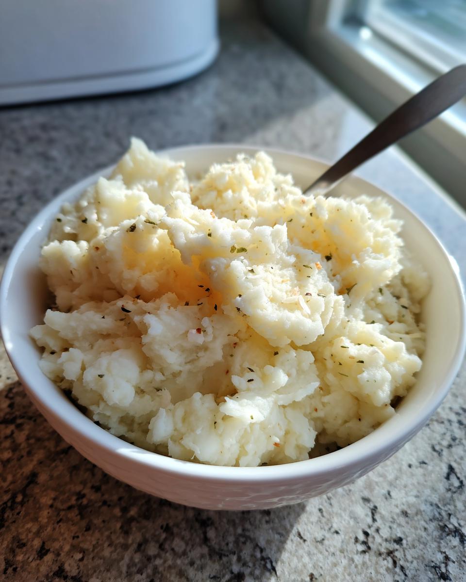 A bowl of creamy Roasted Garlic Parmesan Mashed Potatoes topped with herbs and spices.