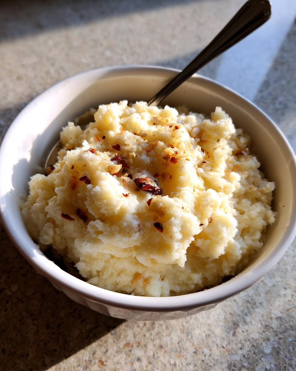 A close-up of creamy Roasted Garlic Parmesan Mashed Potatoes in a white bowl, topped with chili flakes and garlic bits.
