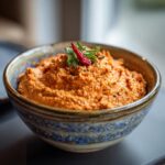 A close-up of creamy Roasted Red Pepper Hummus in a decorative bowl, garnished with a chili pepper and herbs.