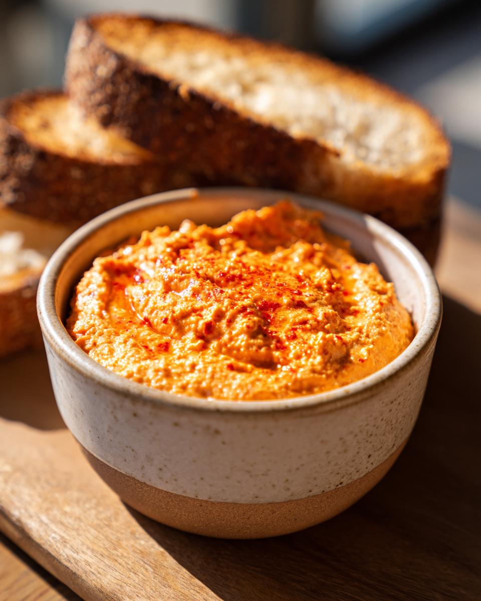 A close-up of a bowl of creamy Roasted Red Pepper Hummus sprinkled with paprika, served with slices of toasted bread.
