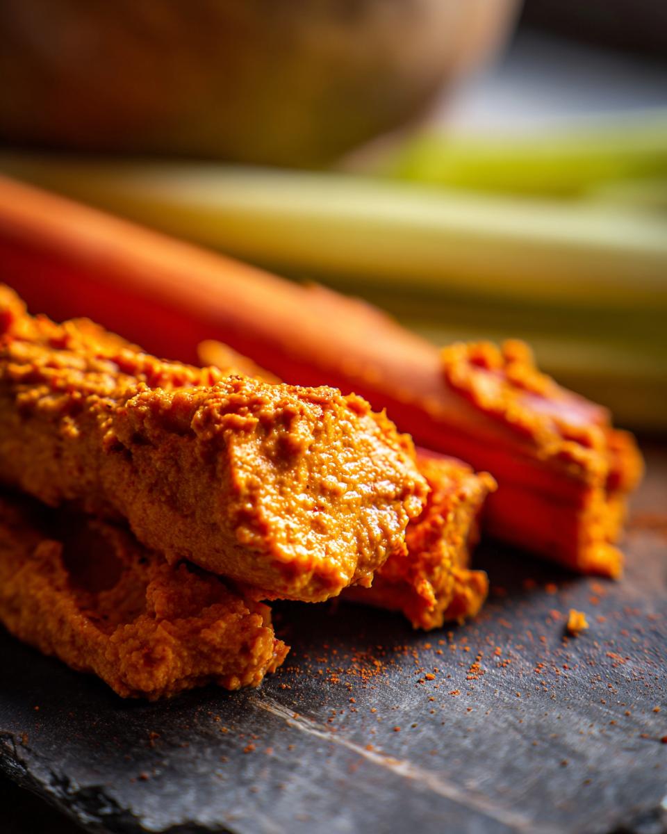 Close-up of Roasted Red Pepper Hummus served with carrot and celery sticks on a dark wooden board.