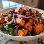 A bowl of Roasted Sweet Potato Salad featuring cubes of sweet potato, red onion, cranberries, and pecans on a bed of greens.