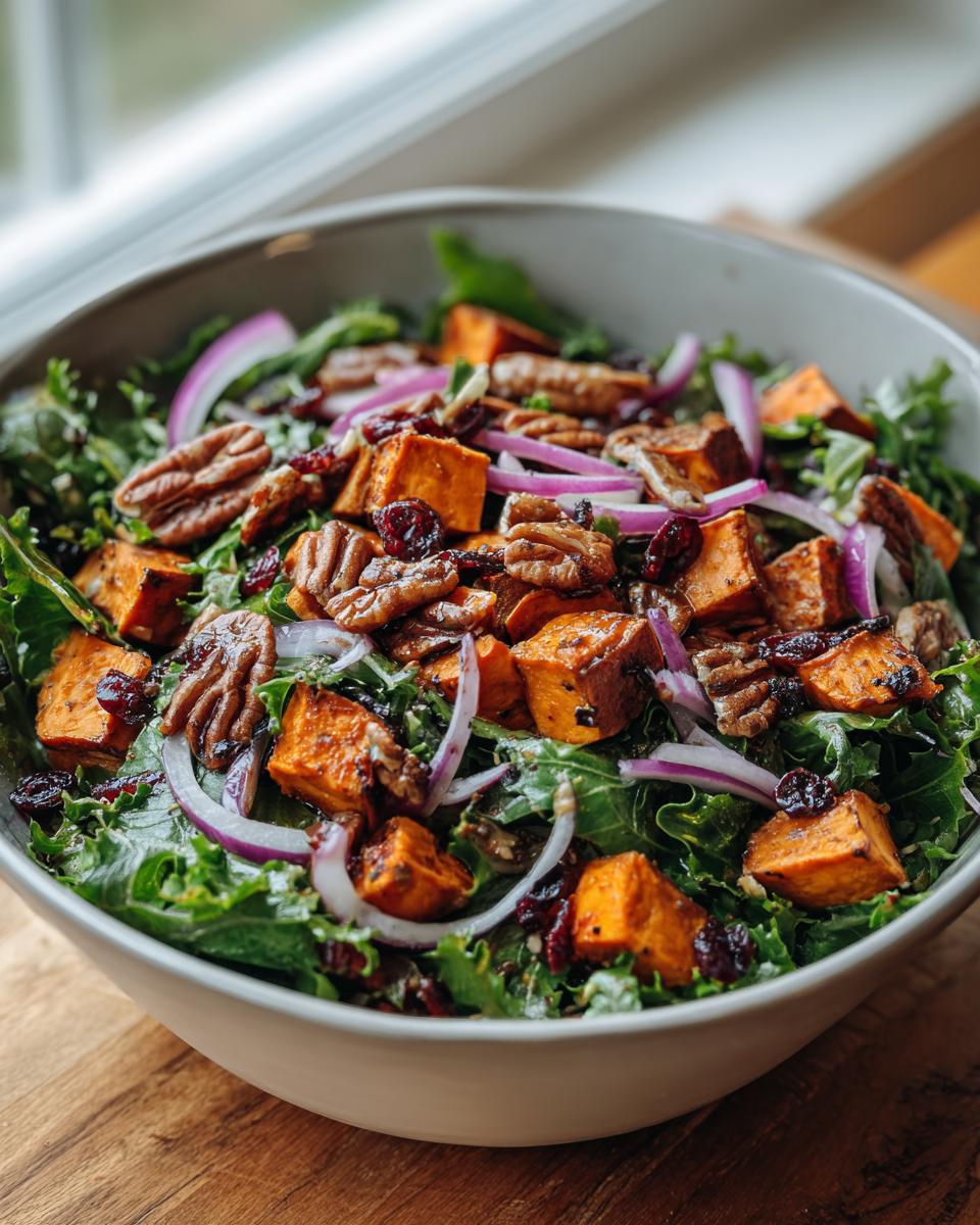 A vibrant bowl of Roasted Sweet Potato Salad featuring cubes of roasted sweet potato, pecans, red onion, and dried cranberries on a bed of greens.