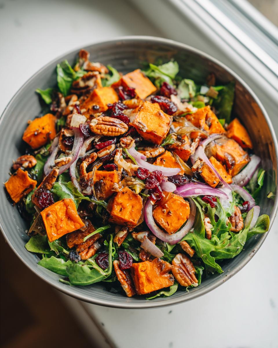 A close-up overhead view of a bowl of Roasted Sweet Potato Salad, featuring chunks of sweet potato, pecans, dried cranberries, and red onion on a bed of greens.