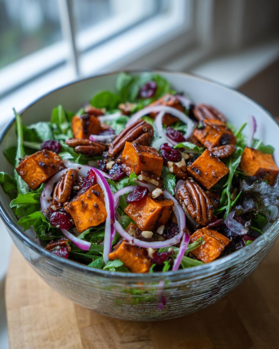 A vibrant Roasted Sweet Potato Salad featuring cubes of roasted sweet potato, pecans, dried cranberries, and red onion slices on a bed of mixed greens.
