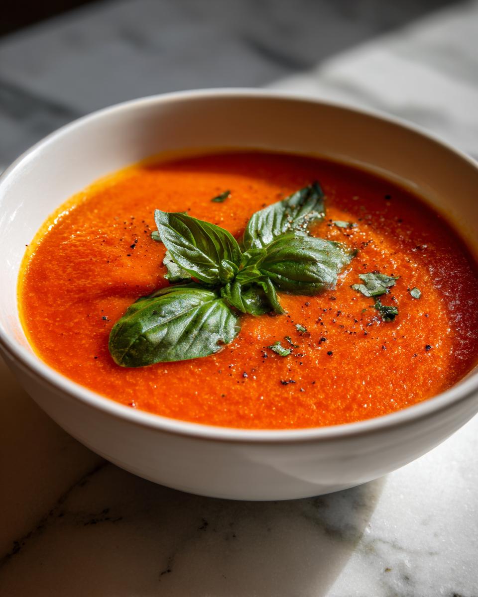 A close-up of a bowl of vibrant Roasted Tomato Basil Soup, garnished with fresh basil leaves and black pepper.