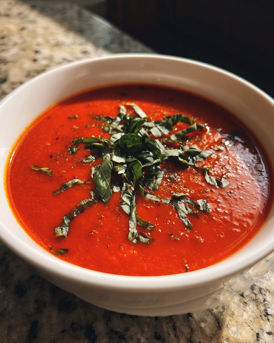 A close-up of a white bowl filled with vibrant Roasted Tomato Basil Soup, garnished with fresh basil leaves.