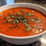 A close-up of a white bowl filled with vibrant Roasted Tomato Basil Soup, garnished with fresh basil leaves.