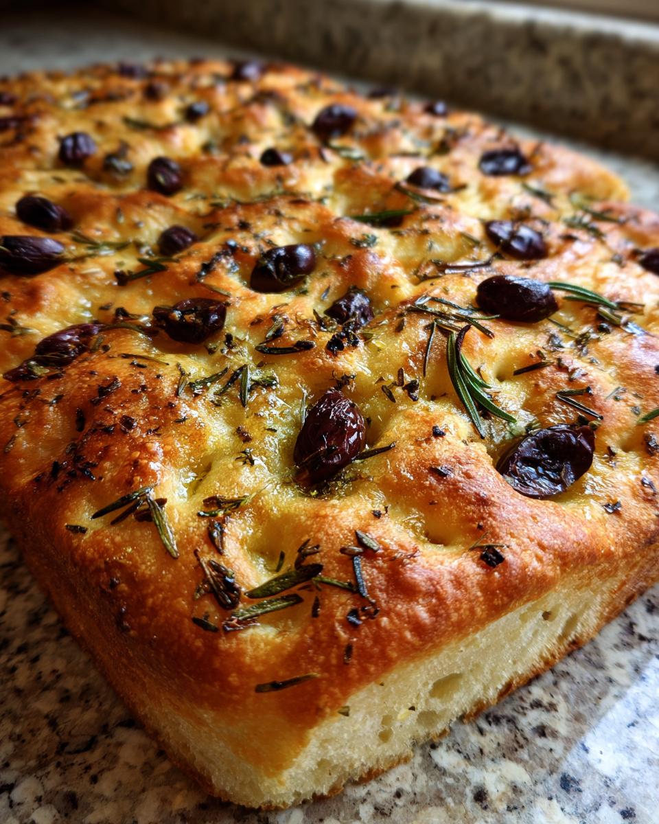 Close-up of a golden-brown Rustic Olive Focaccia bread topped with olives and rosemary.