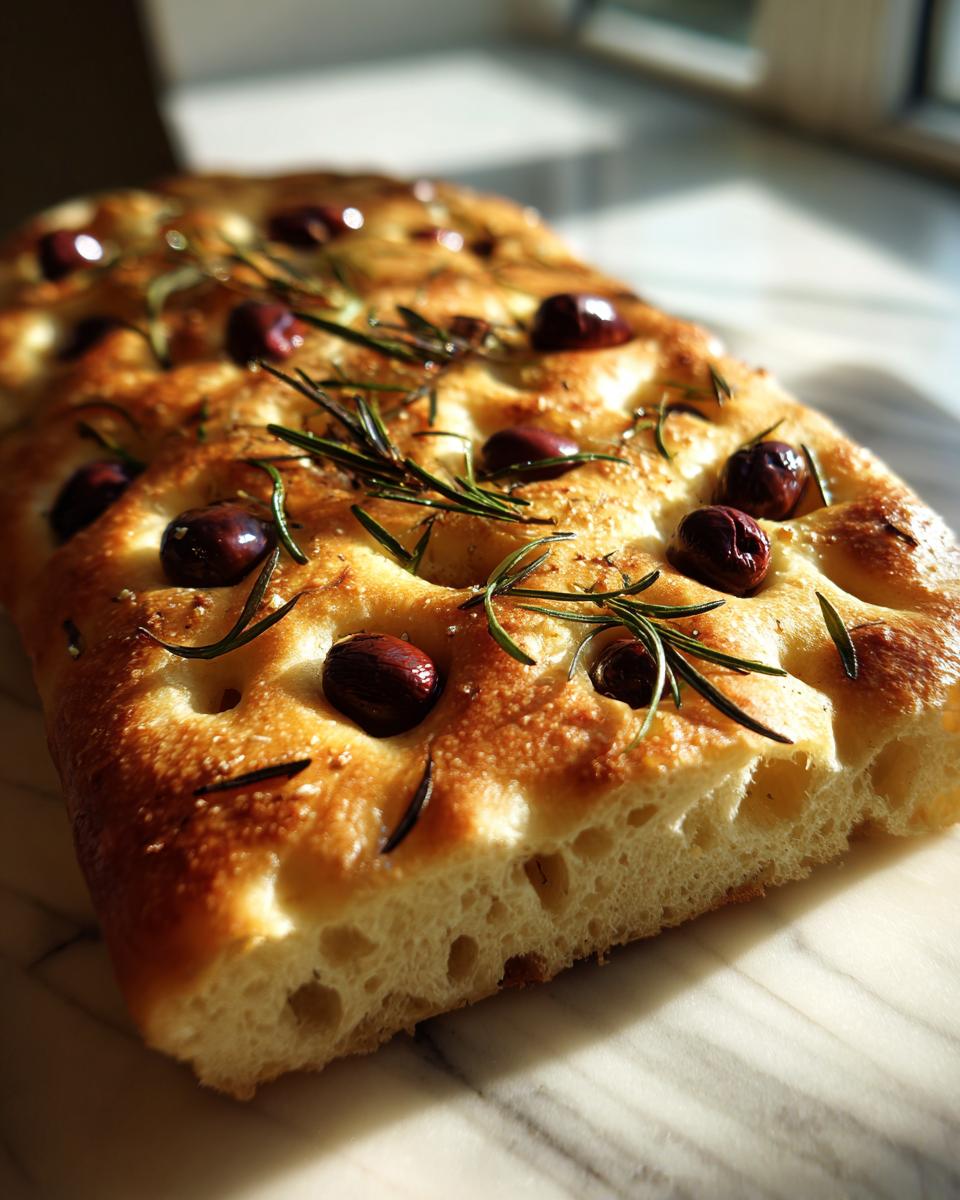 Close-up of a slice of Rustic Olive Focaccia, topped with Kalamata olives and fresh rosemary sprigs.