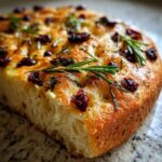 Close-up of a slice of Rustic Olive Focaccia, topped with olives and fresh rosemary sprigs.