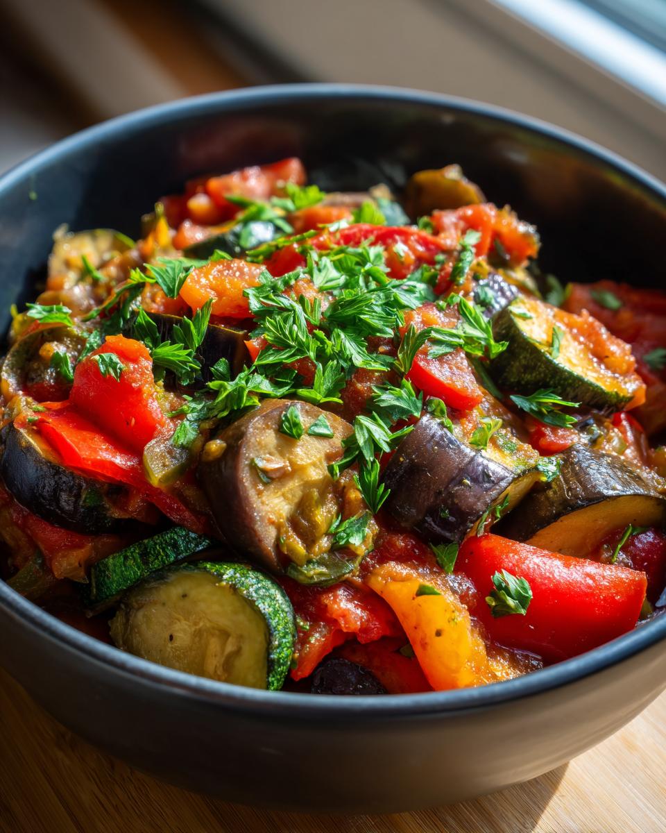 Close-up of Rustic Ratatouille with Fresh Herbs, showcasing tender eggplant, zucchini, bell peppers, and tomatoes, garnished with parsley.
