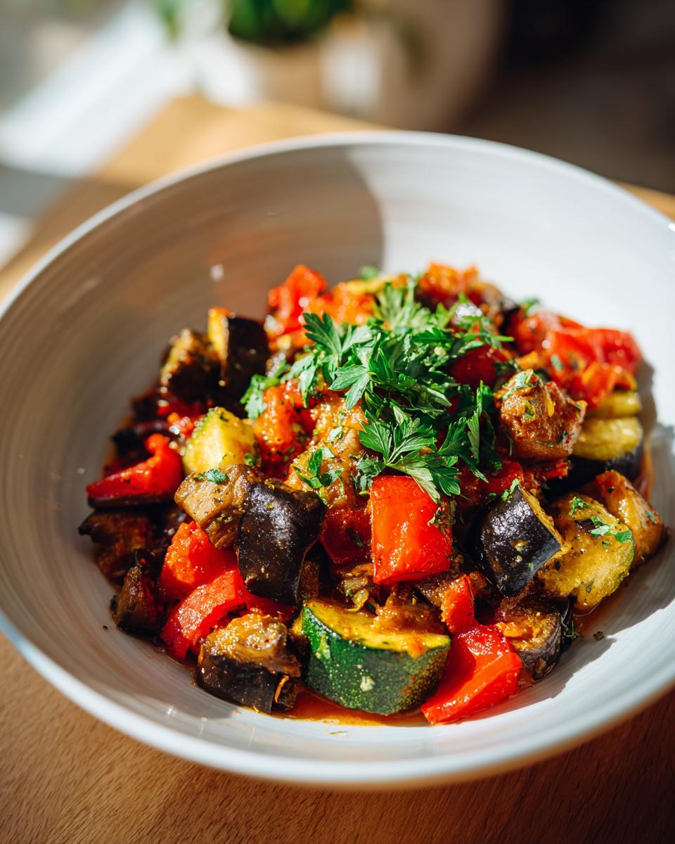 A white bowl filled with Rustic Ratatouille featuring colorful vegetables like eggplant, zucchini, and red peppers, topped with fresh herbs.