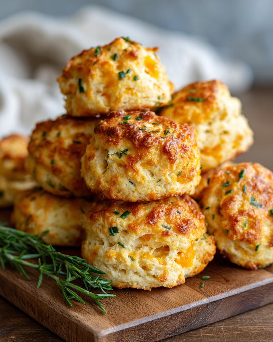 A stack of golden-brown Savory Cheddar Chive Biscuits topped with fresh chives on a wooden board.