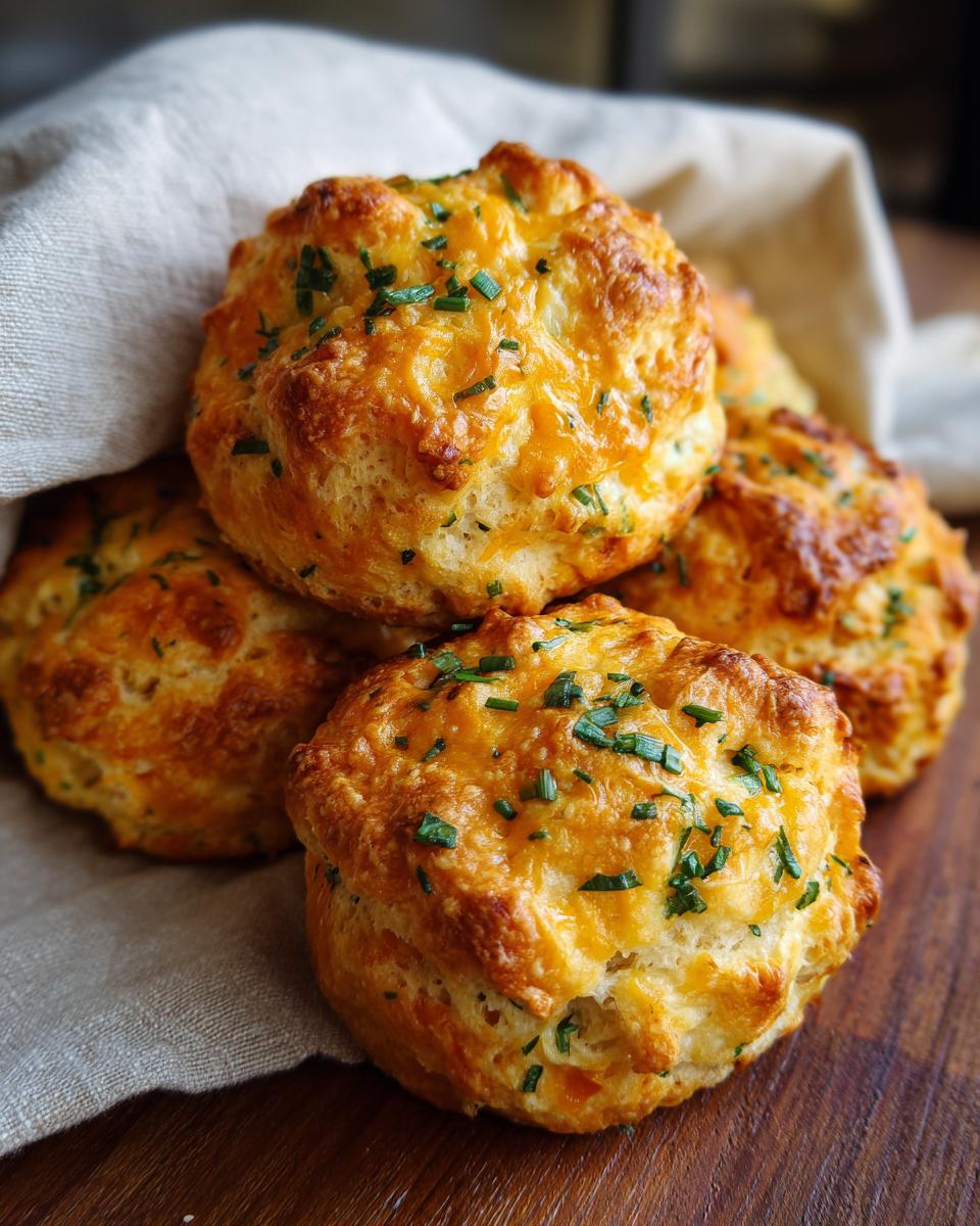 A close-up of golden brown Savory Cheddar Chive Biscuits, topped with melted cheddar cheese and fresh chives.