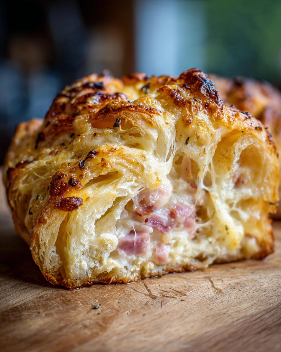 Close-up of a slice of Savory Ham and Cheese Croissant Bake, showing flaky pastry filled with ham and melted cheese.