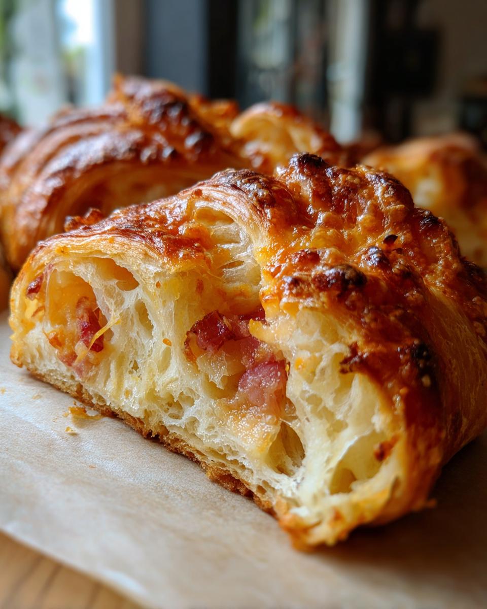 Close-up of a slice of Savory Ham and Cheese Croissant Bake, showing flaky pastry filled with ham and melted cheese.