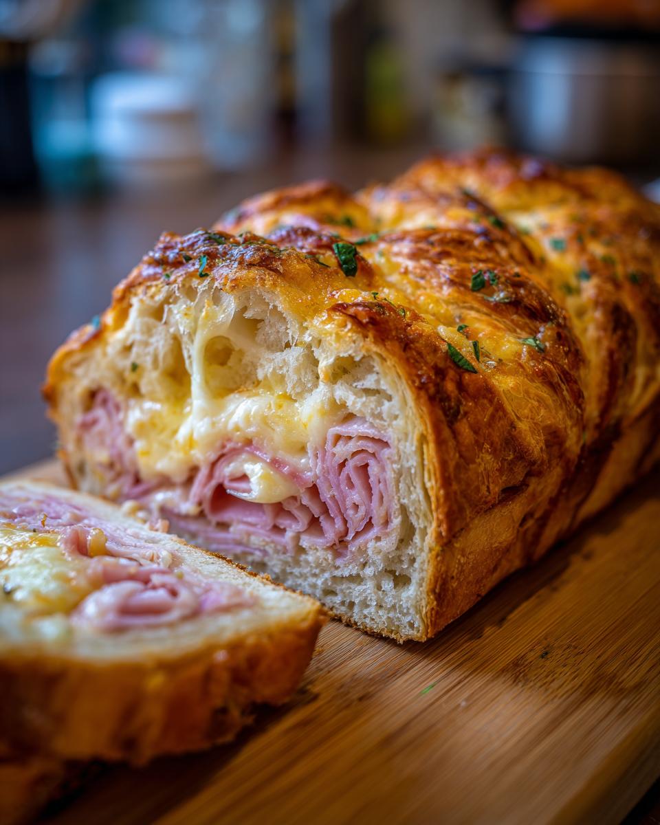 A slice of Savory Ham and Cheese Croissant Bake showing layers of ham, melted cheese, and flaky pastry.