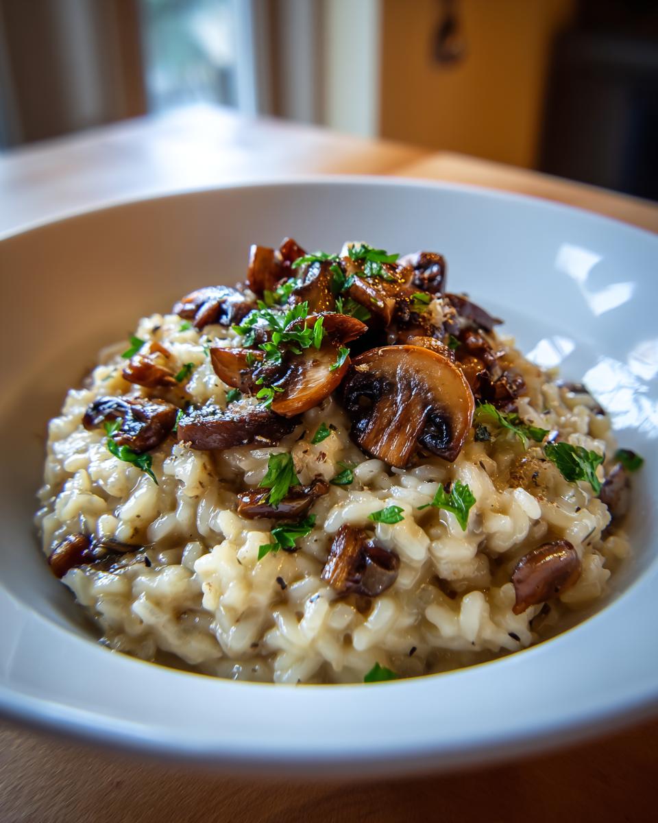Close-up of a bowl of creamy Savory Mushroom Risotto topped with sautéed mushrooms and fresh parsley.
