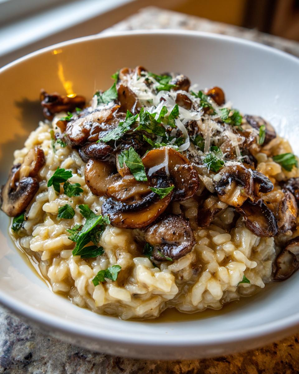 A close-up of a bowl of creamy Savory Mushroom Risotto topped with sautéed mushrooms, fresh parsley, and grated Parmesan cheese.