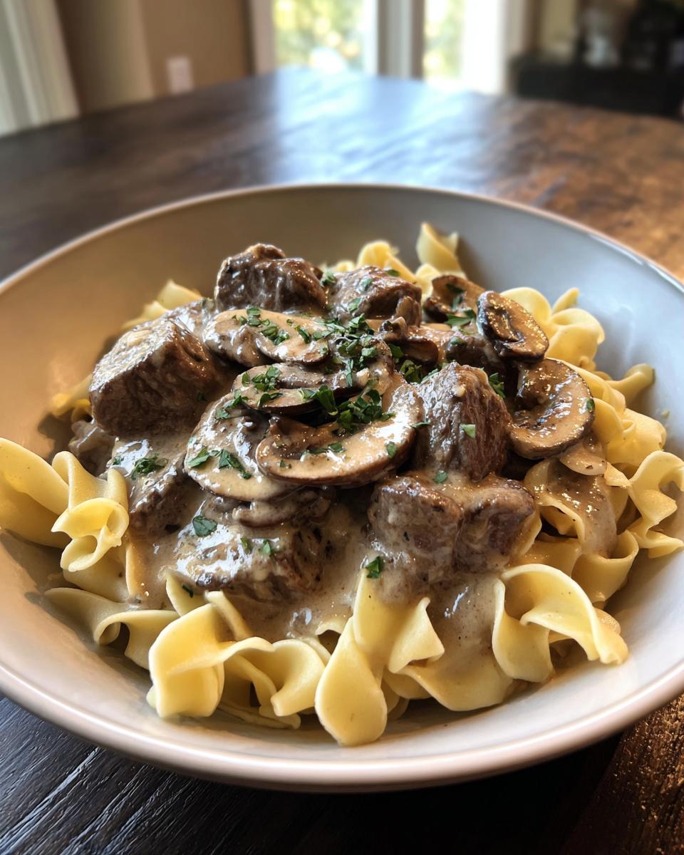 A bowl of Slow Cooker Beef Stroganoff served over wide egg noodles, topped with mushrooms and parsley.