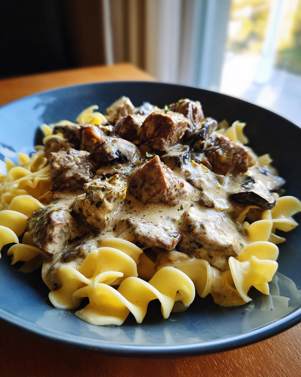 A close-up of Slow Cooker Beef Stroganoff served over wide egg noodles in a dark blue bowl.