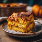 A close-up of a slice of warm Spiced Pumpkin Bread Pudding served on a rustic plate.