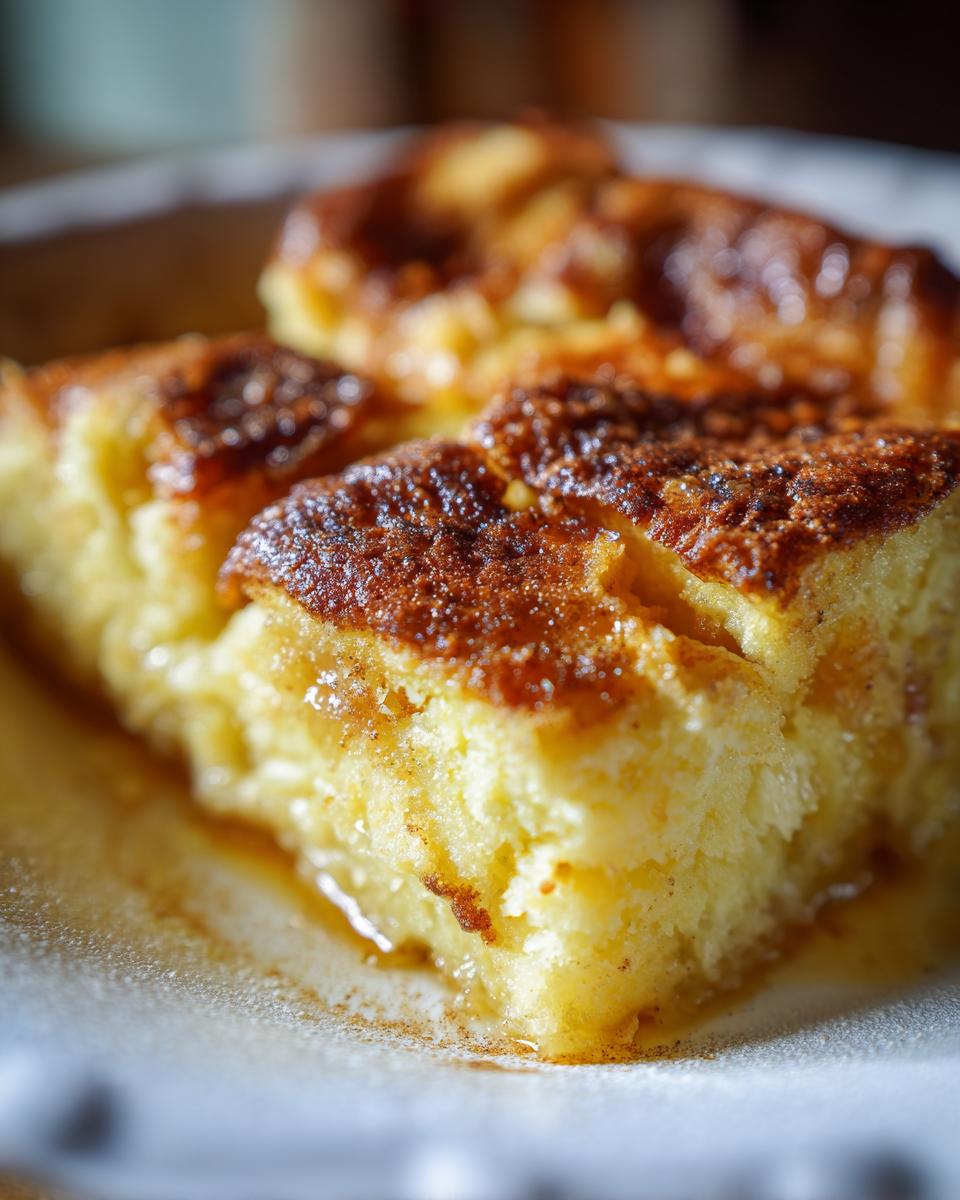 Close-up of a slice of Spiced Pumpkin Bread Pudding, showing its fluffy texture and golden-brown topping.