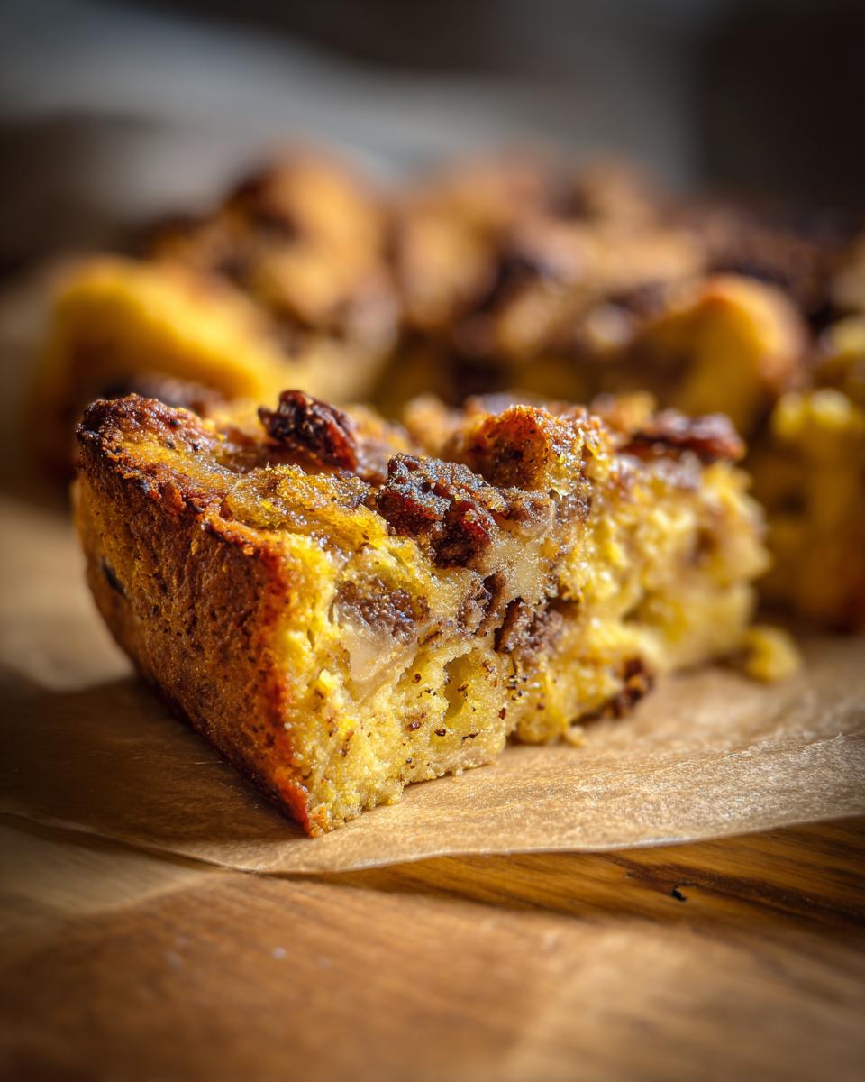 A close-up of a moist slice of Spiced Pumpkin Bread Pudding, showing raisins and a golden crust.