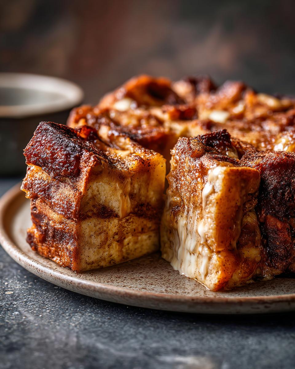 A close-up of a slice of warm Spiced Pumpkin Bread Pudding on a plate, showing layers and a creamy center.