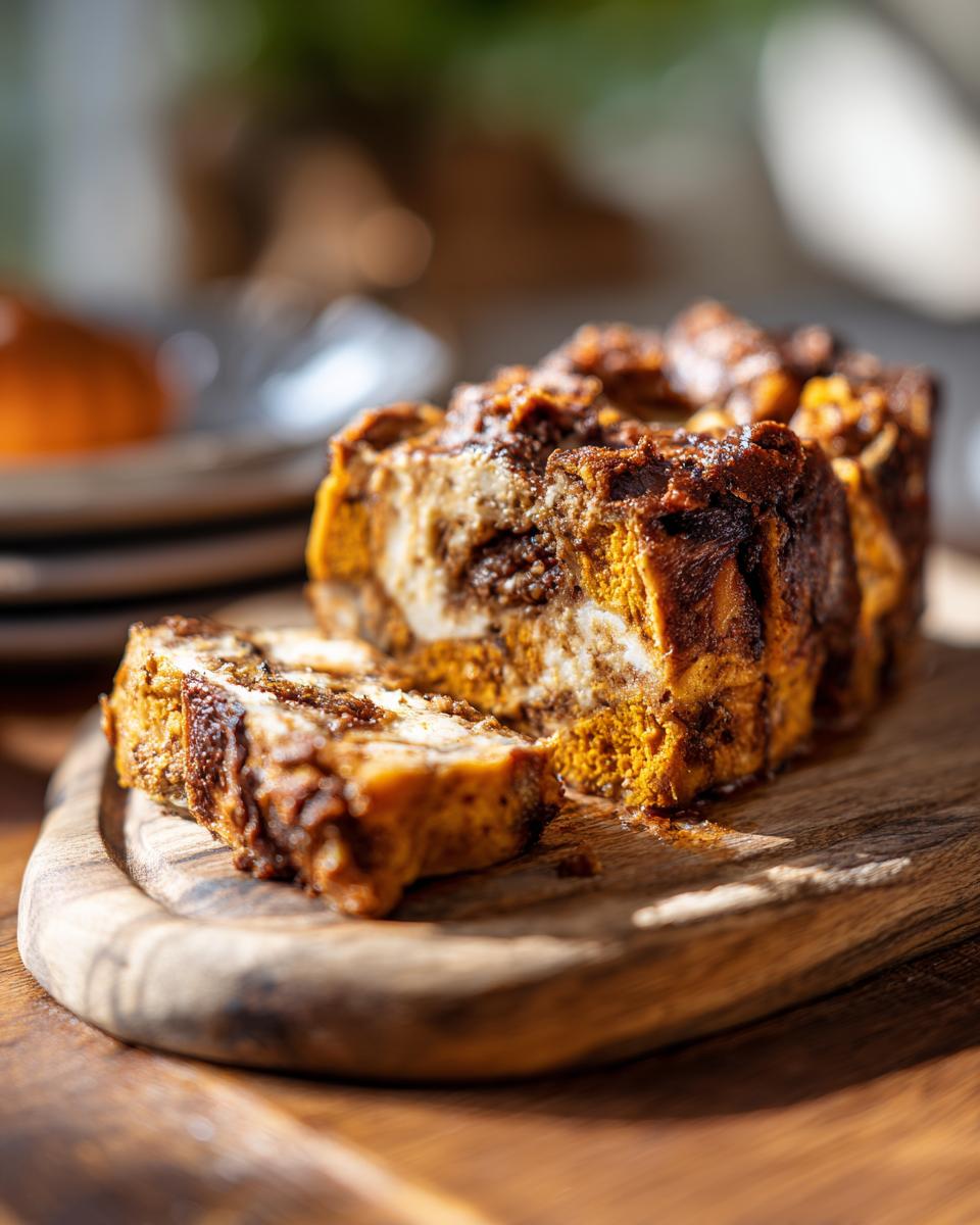 Close-up of sliced Spiced Pumpkin Bread Pudding on a wooden board, showing layers of pumpkin and creamy filling.
