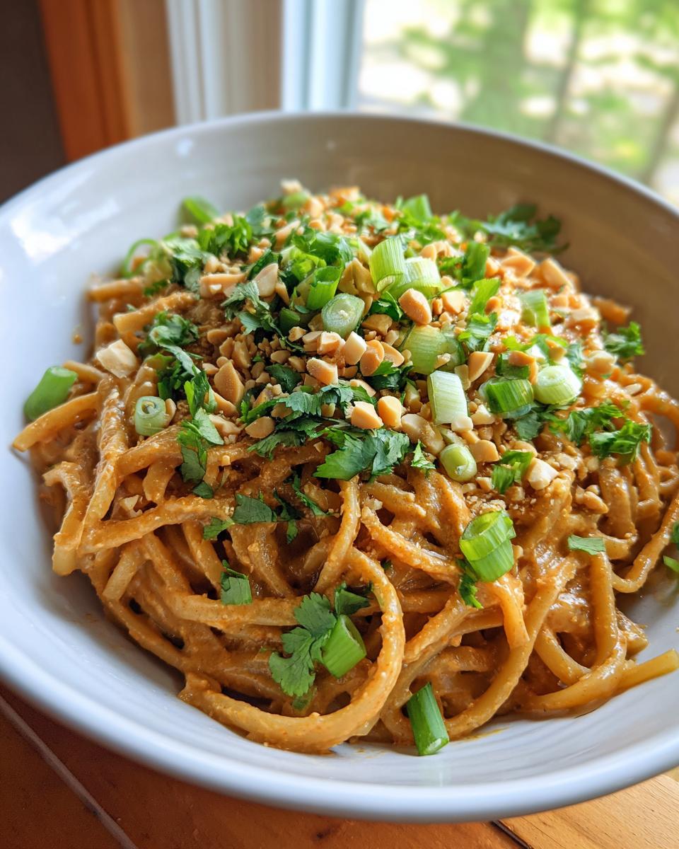 A close-up of a bowl filled with Spicy Thai Peanut Noodles, topped with chopped peanuts, cilantro, and green onions.