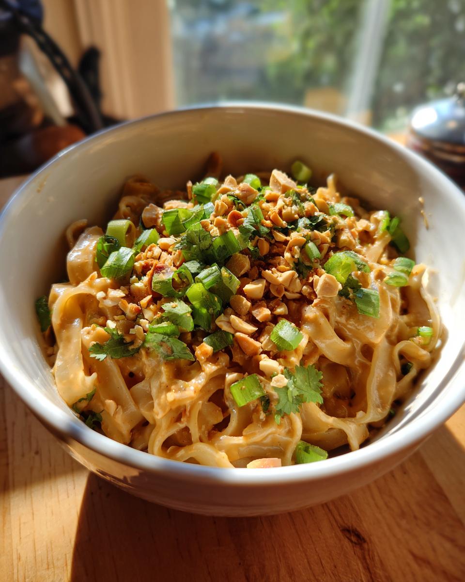 A bowl of delicious Spicy Thai Peanut Noodles topped with chopped peanuts, green onions, and cilantro.
