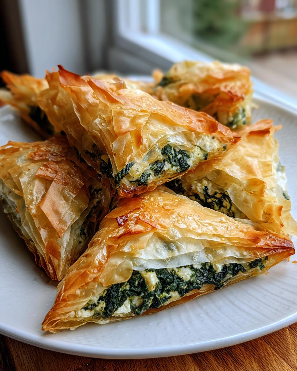 Close-up of golden brown Spinach and Feta Phyllo Triangles stacked on a white plate.