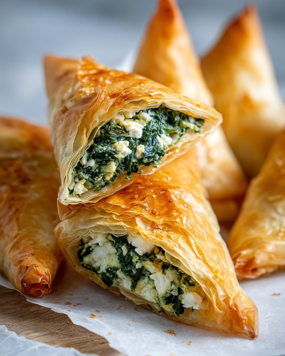 Close-up of a golden-brown Spinach and Feta Phyllo Triangle, split open to reveal the savory filling.