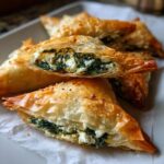 Close-up of golden-brown Spinach and Feta Phyllo Triangles, one cut open to reveal the creamy feta and spinach filling.