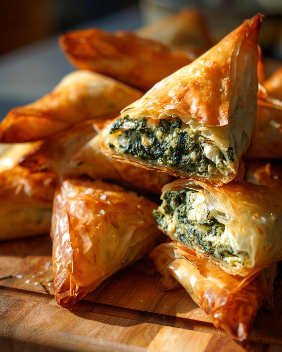 Close-up of golden-brown Spinach and Feta Phyllo Triangles, one cut open to reveal the filling.