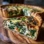 A close-up of a slice of spinach and mushroom quiche on a wooden board, showcasing the flaky crust and rich filling.