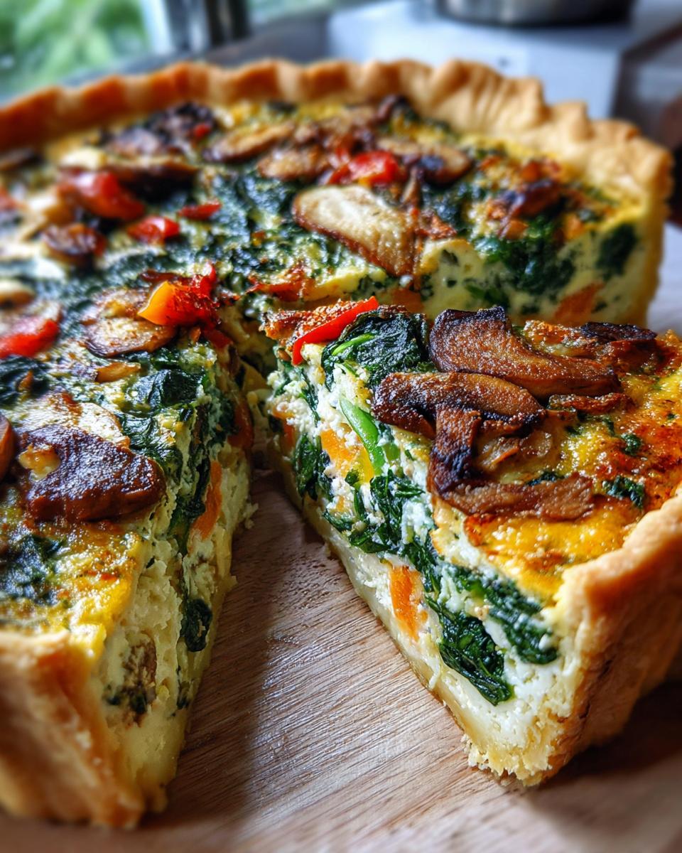 A close-up of a slice of Spinach and Mushroom Quiche, showing the rich filling with spinach, mushrooms, and carrots.