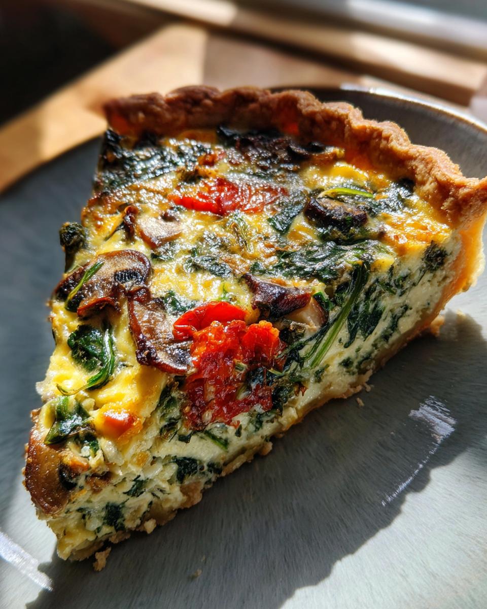 A delicious slice of Spinach and Mushroom Quiche on a grey plate, featuring spinach, mushrooms, and sun-dried tomatoes.