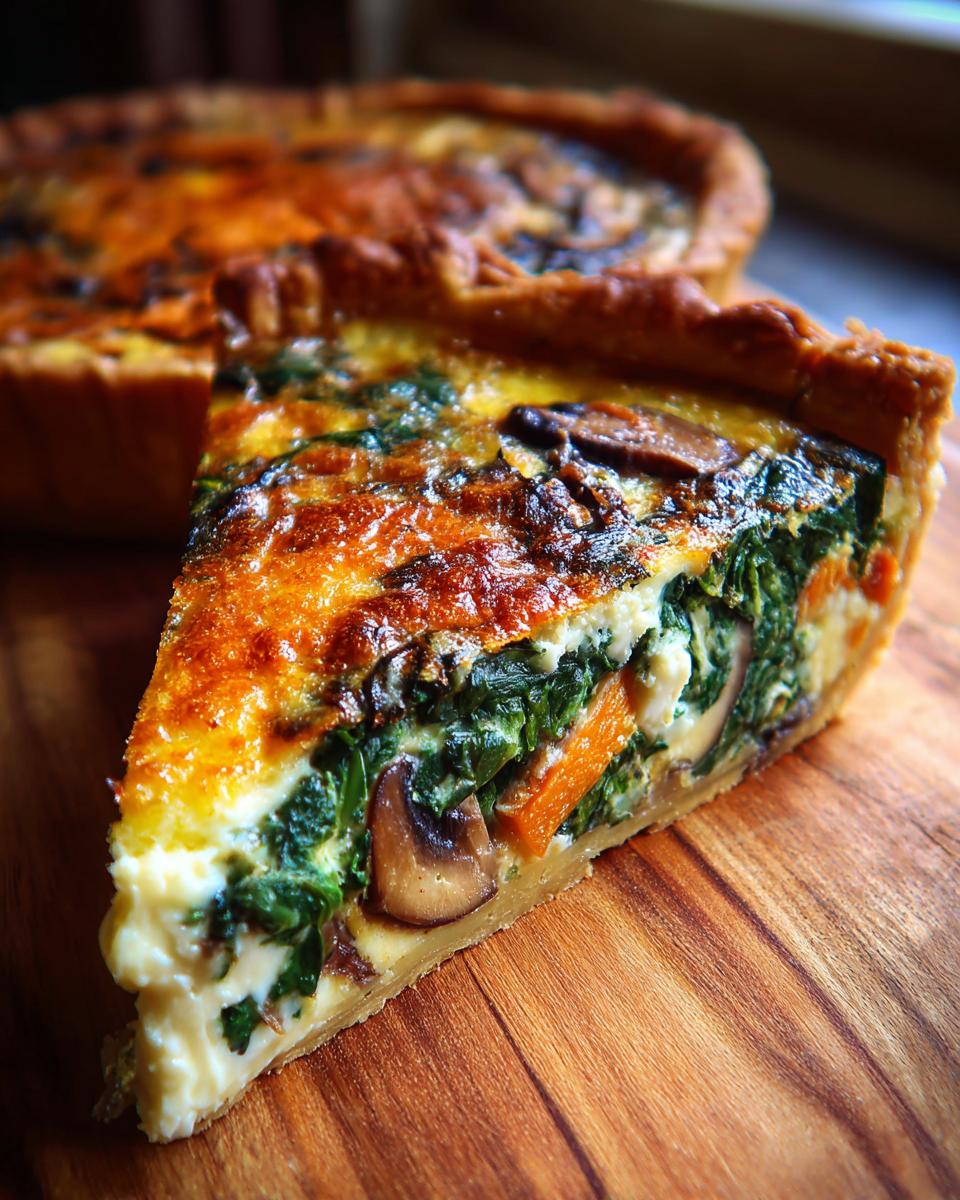A delicious slice of Spinach and Mushroom Quiche with a golden crust, served on a wooden board.