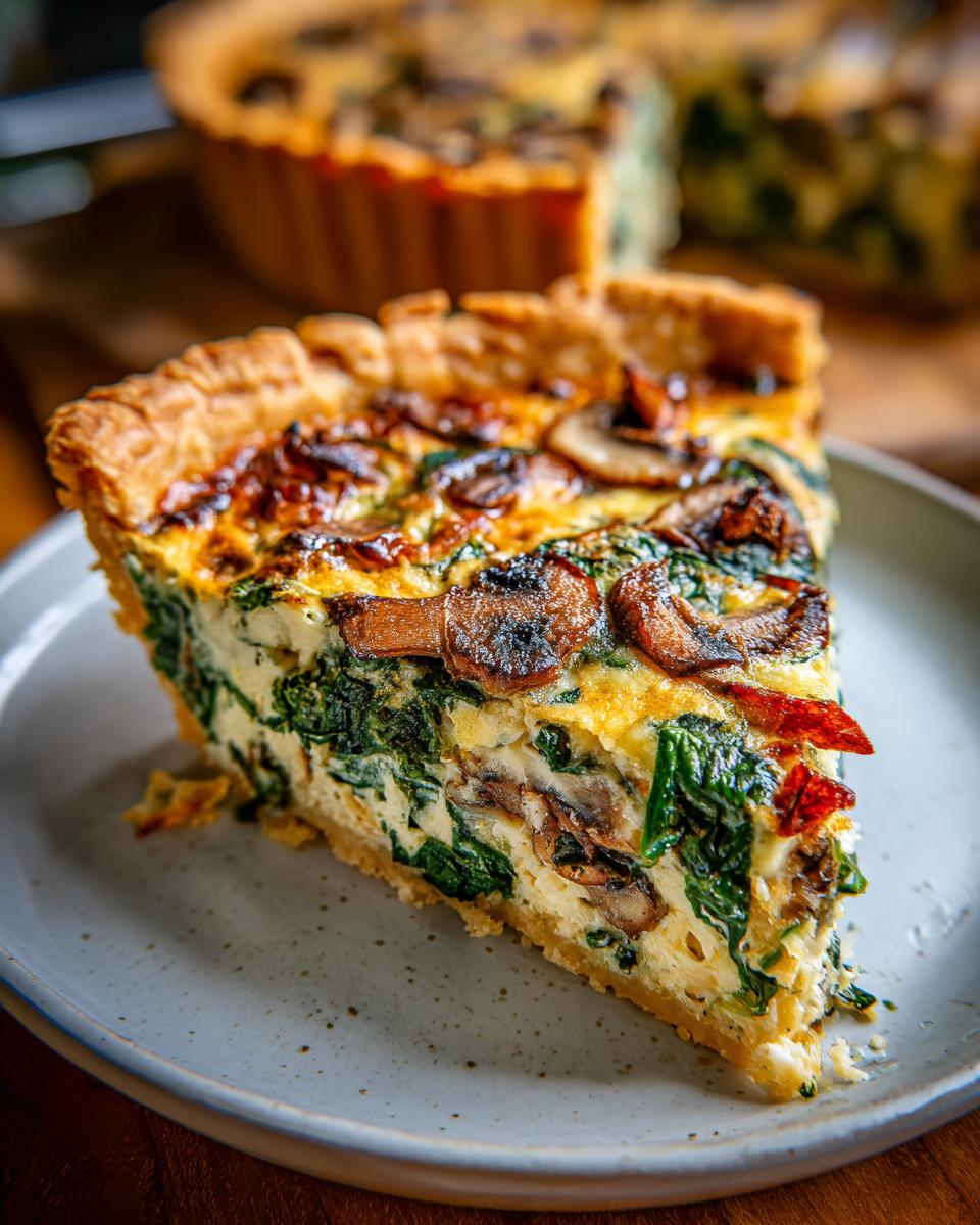 A delicious slice of Spinach and Mushroom Quiche on a plate, showcasing the flaky crust and creamy filling.