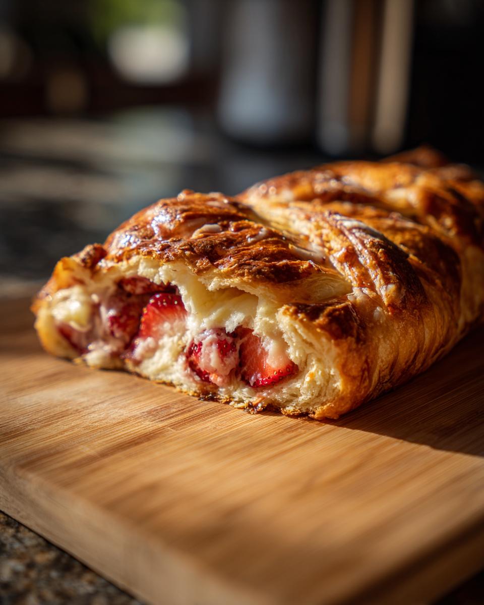 A close-up of a delicious Strawberry Cream Cheese Danish Braid, showing the flaky pastry and creamy filling with fresh strawberries.