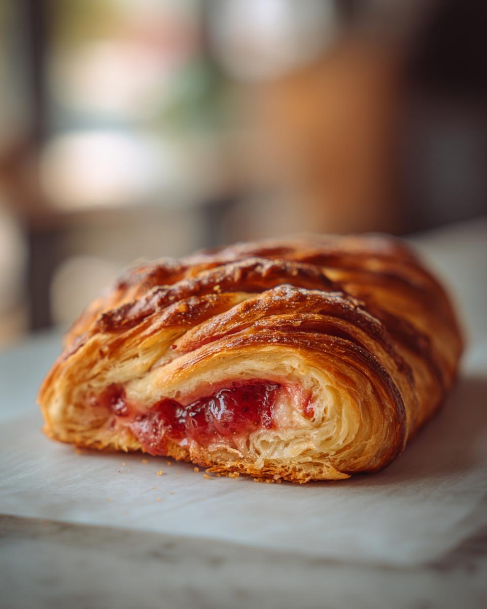 A close-up of a golden-brown Strawberry Cream Cheese Danish Braid, showing the flaky pastry and sweet strawberry filling.