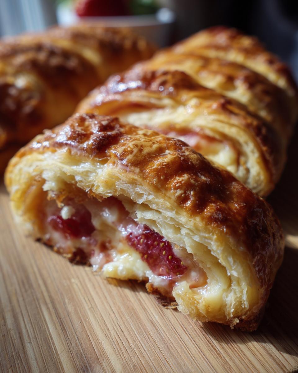 Close-up of a flaky Strawberry Cream Cheese Danish Braid, showing the creamy filling and fresh strawberries.