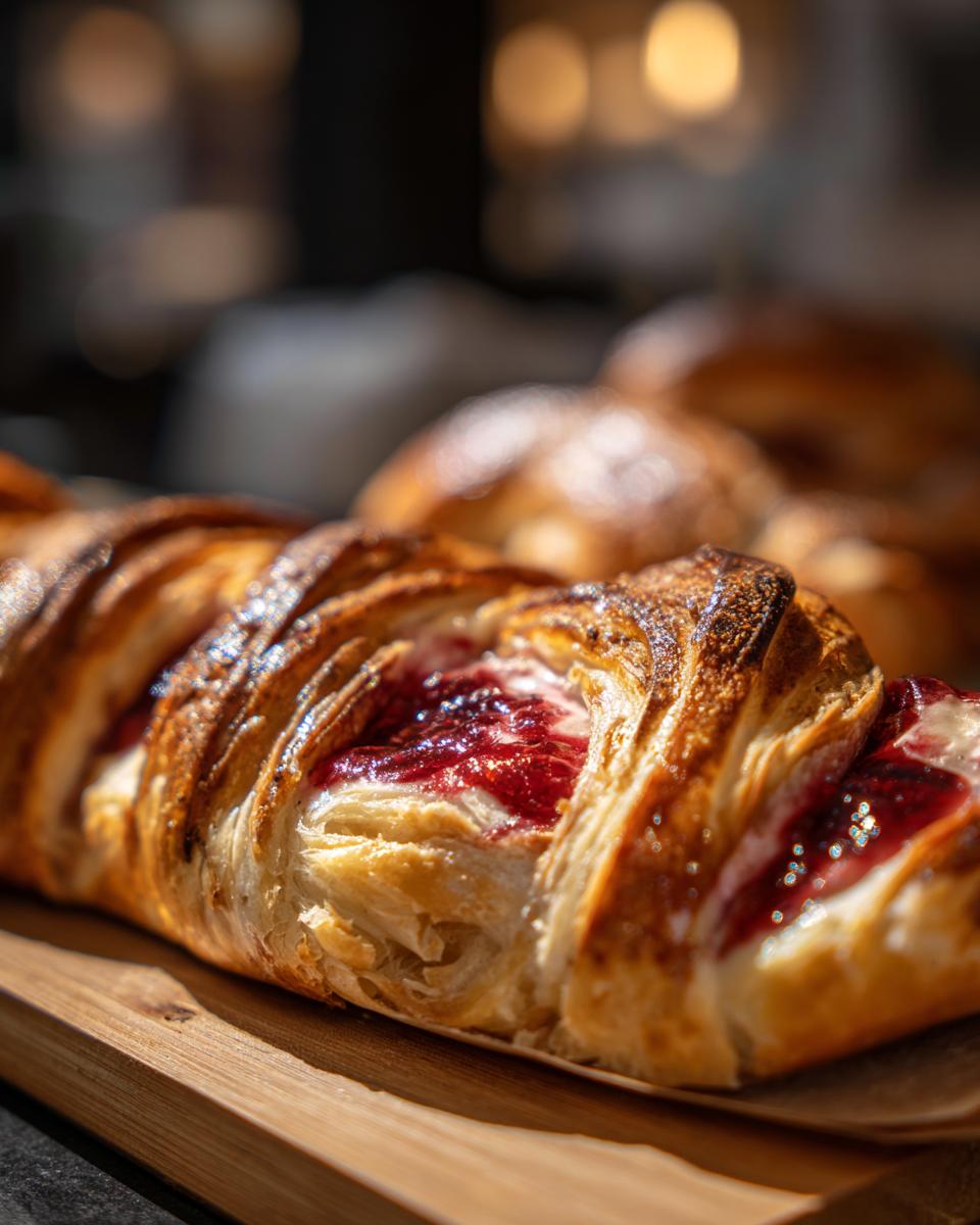 Close-up of a golden-brown Strawberry Cream Cheese Danish Braid filled with vibrant red strawberry filling.