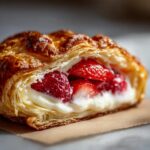 Close-up of a flaky Strawberry Cream Cheese Danish Braid filled with fresh strawberries and cream cheese.
